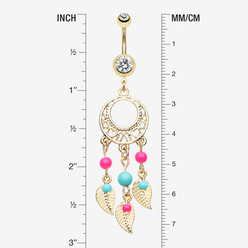 Detail View 1 of Golden Enchanted Dream Catchers Belly Button Ring-Clear Gem